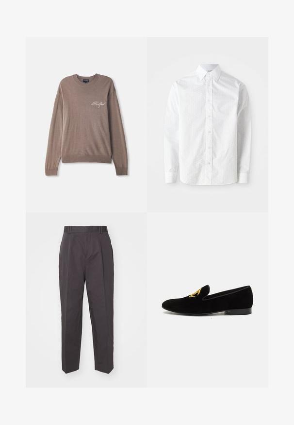 Brun strikket sweater med lange ærmer og rund hals. Har et lille broderet logo på brystet samt ribbede manchetter ogkant.; Hvid langærmet skjorte i glat bomuld med et subtilt prikket mønster, klassisk krave, knaplukning foran og rundede manchetter.; Mørkegrå bukser med lige ben, glat tekstur, flad front og to sidelommer. Der er bæltestropper inkluderet.; Sorte fløjl loafers med et guldemblem på overdelen, der har et elegant design, en afrundet tå og en lav sort hæl.
