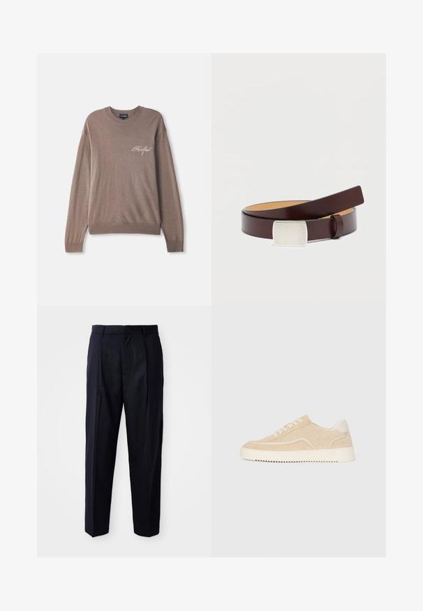 Pull en tricot marron avec des manches longues et un col rond. Il présente un petit logo brodé sur la poitrine ainsi que des poignets et un ourlet côtelés.; Pantalon bleu marine en tissu lisse, avec une coupe décontractée, un devant plissé et une taille standard avec passants de ceinture.; Baskets en daim beige avec semelle et lacets blancs, design basse, et motif de semelle en zigzag.; Ceinture en cuir marron avec une boucle rectangulaire en argent, texture lisse et doublure intérieure plus claire contrastante. Design simple et classique.
