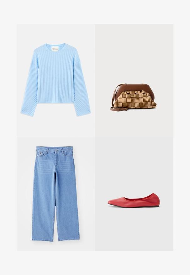 Suéter de canalé azul claro con cuello redondo y mangas largas, que presenta un patrón texturizado y un corte cropped. Etiqueta de la marca visible en el interior.; Jeans de pierna ancha de color azul claro, confeccionados en denim, con un diseño clásico de cinco bolsillos y cierre de botón. Textura suave, dobladillo deshilachado.; Filippa K REY FLATS - Bailarinas - bright red; Bolso pequeño con una parte superior de cuero marrón y una sección inferior con un patrón tejido en tonos marrón claro y oscuro, con una correa de cuero desmontable.