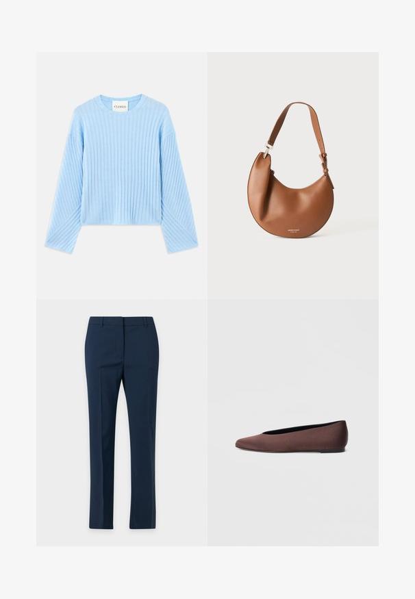 Svetlo modrý rebrovaný sveter s okrúhlym výstrihom a dlhými rukávmi, s textúrovaným vzorom a skráteným strihom. Značka viditeľná vo vnútri.; Námornícky modré na mieru šité spoločenské nohavice s opaskovými pútkami, s plochým predným dizajnom a vyžehlenými ryhami na každej nohe, zobrazené na jednofarebnom pozadí.; Hnedé baletné baleríny z tkaniny so zašpicatenou špičkou a hladkou textúrou, s nízkym chrbtom a tenkou čiernou podrážkou. Bez viditeľných vzorov alebo kovania.; Hnedá kožená mesačná kabelka s nastaviteľným popruhom a malým strieborným logom v spodnej časti uprostred.