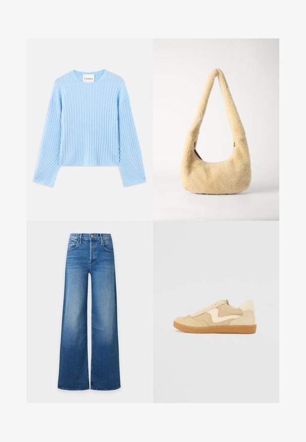 Suéter de canalé azul claro con cuello redondo y mangas largas, que presenta un patrón texturizado y un corte cropped. Etiqueta de la marca visible en el interior.; Vaqueros azules de talle alto con perneras anchas, bolsillos delanteros, trabillas para cinturón y cierre de botón, mostrados sobre un fondo claro.; Zapatillas beige con materiales de ante y malla, forma redondeada, cuello acolchado prominente y suela de goma. Presenta un diseño en forma de ola como acento.; Bolso de hombro de piel de oveja beige con un asa curva y una forma redondeada. La textura es suave y esponjosa, con acentos de hardware mínimos.