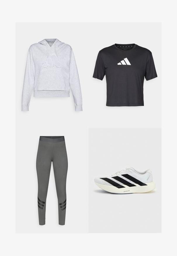 Grijze hoodie gemaakt van een zachte katoenmix, met een groot, gestructureerd logo op de voorkant en een ruime buidelzak aan de voorkant.; Zwarte cropped t-shirt van gladde stof, met een witte Adidas-logo op de borst, ronde halslijn en korte mouwen.; Grijze legging met een gladde textuur, een hoge elastische tailleband en zwarte streeppatronen op de onderbenen.; Witte hardloopschoen met zwart drie-strepen ontwerp aan de zijkant en dikke witte zool met label "Lightstrike Pro" op een effen achtergrond.