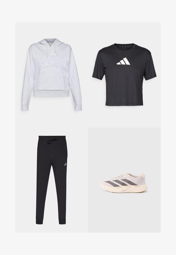 Hall grey kapuutsiga särgid, mis on valmistatud pehmest puuvillasegust, esiküljel on suur reljeefne logo ja avar esikott.; Mustade lühikeste varrukatega crop t-särk sileda kangaga, millel on rindkerel valge Adidas'i logo, ümmargune kaelus.; Mustad mustad spordipüksid pehmest kangast, millel on nööriga vöökoht, kitsenevad jalad ja väike valge Adidas'i logo vasakul reiele.; Kerged sporditossud helelilla ja halli toonis, millel on võrguline pealmine osa, kolm tumedat triipu ning paks kreemjas tallaosa, millel on silt "LIGHTSTRIKE PRO".