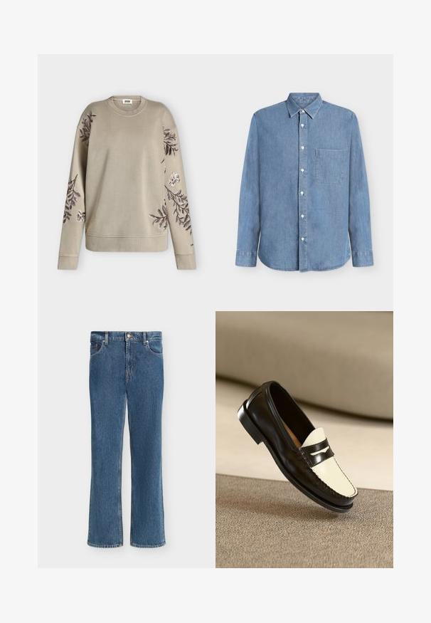 Sweat-shirt beige à manches longues avec col et poignets côtelés, orné de motifs floraux brodés en marron foncé et blanc sur les manches et les épaules.; Chemise en jean bleu clair à manches longues boutonnée, col à pointe et une poche poitrine sur fond uni.; Jean en denim bleu à coupe droite, fermeture avant par bouton et fermeture éclair, et conception à cinq poches sur fond blanc uni.; Mocassin en cuir noir avec un empeigne crème et des rayures noires, présentant un petit talon et des coutures détaillées le long des bords.