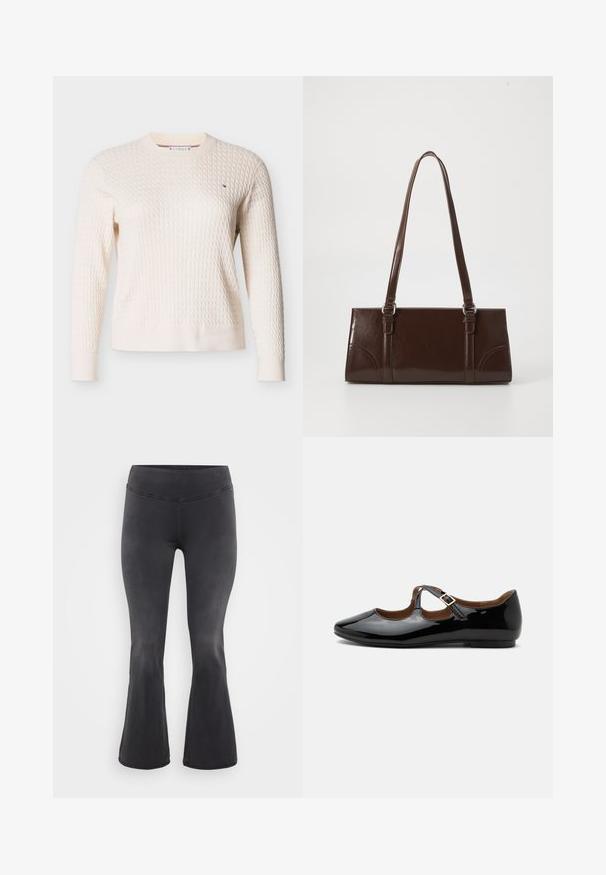 Pull en maille torsadée couleur crème avec manches longues et col rond, avec un petit logo brodé sur la poitrine.; ONLY Carmakoma Flared fit CARROYAL Mid waist - Jean flare - washed black; Chaussure plate Mary Jane en cuir verni noir avec deux découpes et une bride à boucle dorée sur fond blanc.; Sac à main en cuir verni marron de forme rectangulaire, avec deux longues poignées et des accents courbés subtils à l'avant.