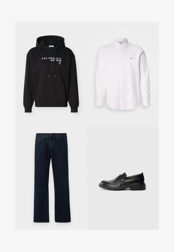 Sweat-shirt à capuche noir avec poche avant, cordons de serrage et texte blanc « CALVIN KLEIN EST 1968 cK » imprimé sur la poitrine.; Chemise blanche à boutons en coton, avec un col classique, des manches longues, et un petit logo CK sur la poitrine gauche. Texture douce.; Jean droit bleu foncé avec fermeture à bouton et zip à l'avant, poches avant, et passants pour ceinture.; Chaussure habillée noire en cuir, à enfiler, avec un petit talon et un logo Calvin Klein discret sur le côté, présentée de profil sur un fond blanc.