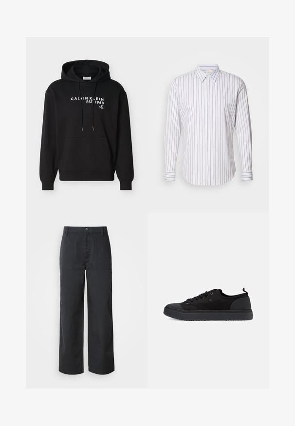 Sweat-shirt à capuche noir avec poche avant, cordons de serrage et texte blanc « CALVIN KLEIN EST 1968 cK » imprimé sur la poitrine.; Calvin Klein SLIM FIT - Chemise - gray marble; Pantalon à jambes larges en tissu de coton bleu marine foncé, avec poches plaquées à l'avant et fermeture par bouton. Texture lisse avec un design minimaliste.; Calvin Klein TOP LACE UP UNIFIT - Baskets basses - triple black