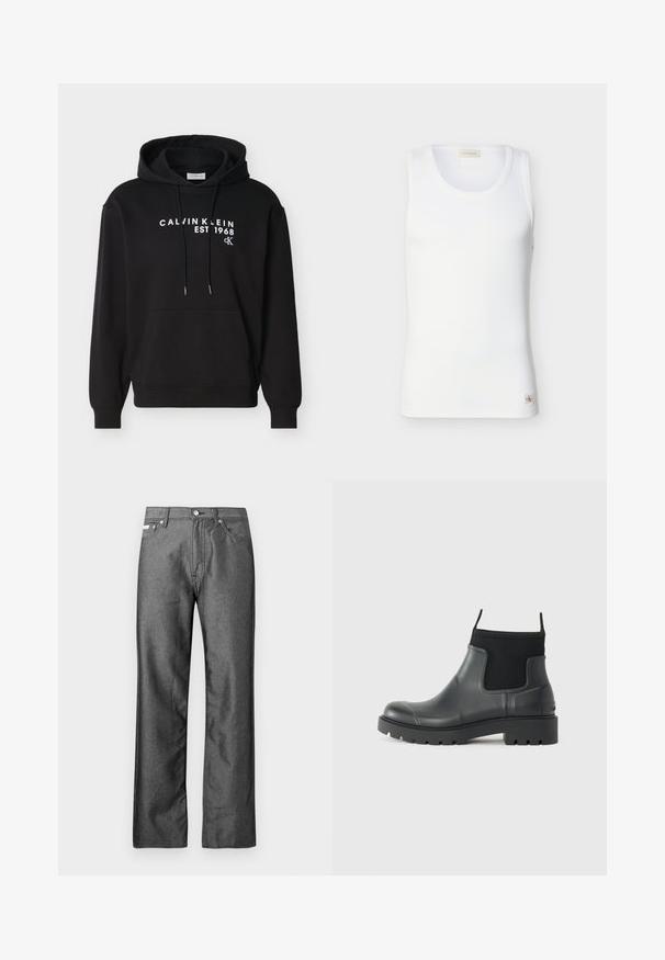 Sweat-shirt à capuche noir avec poche avant, cordons de serrage et texte blanc « CALVIN KLEIN EST 1968 cK » imprimé sur la poitrine.; Débardeur blanc à côtes sans manches avec encolure ronde et petite étiquette logo Calvin Klein près de l'ourlet sur fond uni.; Jean en denim gris avec une coupe droite, cinq poches, et des accents en boutons métalliques et rivets. Présente une texture subtile.; Bottines noires en caoutchouc avec une finition mate, présentant un design épuré, des panneaux élastiques et une semelle épaisse pour une meilleure traction.