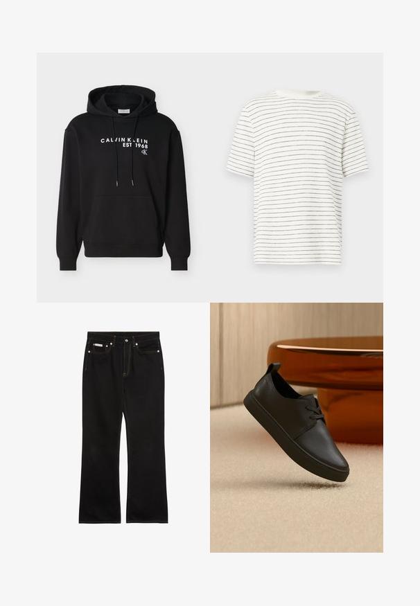 Sweat-shirt à capuche noir avec poche avant, cordons de serrage et texte blanc « CALVIN KLEIN EST 1968 cK » imprimé sur la poitrine.; T-shirt blanc à manches courtes avec fines rayures noires, encolure ronde, coupe décontractée, texture douce et ourlet légèrement courbé sur les côtés.; Jean noir droit avec coutures orange, cinq poches, fermeture par bouton, et une petite étiquette Calvin Klein sur la poche avant droite.; Baskets décontractées en cuir noir avec lacets, flottant au-dessus d'un tapis beige, avec une table en verre ambré arrondie en arrière-plan.