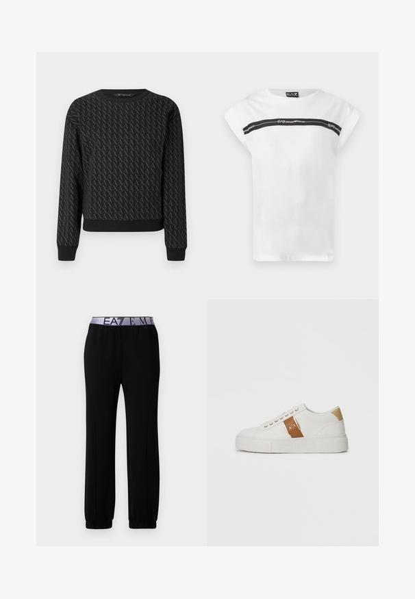 Sweat-shirt noir présentant un motif texturé de lettres entrelacées, col rond, manches longues, poignets et ourlet côtelés.; T-shirt blanc à manches courtes avec une bande horizontale noire sur la poitrine avec la marque "EA7 Emporio Armani".; Pantalon de sport noir en tissu doux, doté d'une large ceinture élastique avec le logo "EA7", de poignets resserrés et d'une texture lisse.; Baskets blanches basses avec un patch de talon beige, une sangle en cuir marron équipée d'une boucle dorée et du logo A|X, et une semelle en relief Armani Exchange.