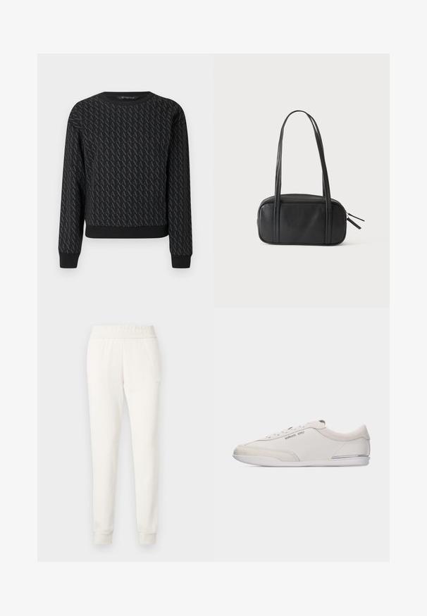 Sweat-shirt noir présentant un motif texturé de lettres entrelacées, col rond, manches longues, poignets et ourlet côtelés.; Pantalon de jogger crème en tissu doux, avec une taille et des poignets ajustés. Design simple sans motifs visibles ni ornements.; Baskets basses blanc cassé et beige à lacets, avec des détails en cuir lisse et en daim, arborant un petit logo Michael Kors sur le côté.; Sac à bandoulière rectangulaire noir avec deux longues poignées et une double fermeture éclair sur le côté droit, sur un fond clair uni.