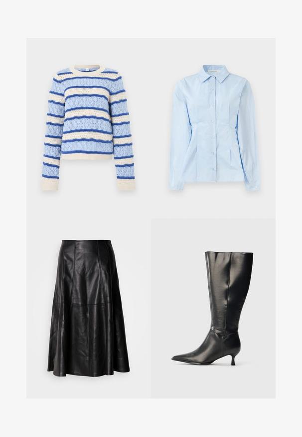 Pull tricoté bleu clair et crème à rayures horizontales texturées et manches longues, avec un col rond et des poignets et ourlet côtelés.; Chemise à manches longues bleu clair avec un col pointu, texture unie et coutures créant une coupe ajustée. Cinq boutons sur le devant.; Jupe en cuir noir avec une silhouette évasée, présentant des coutures visibles et une texture lisse. Conception mi-longue avec une coupe classique.; Botte en cuir noire montant jusqu'au genou, avec un bout pointu et un petit talon bas, présentée sur un fond clair uni.