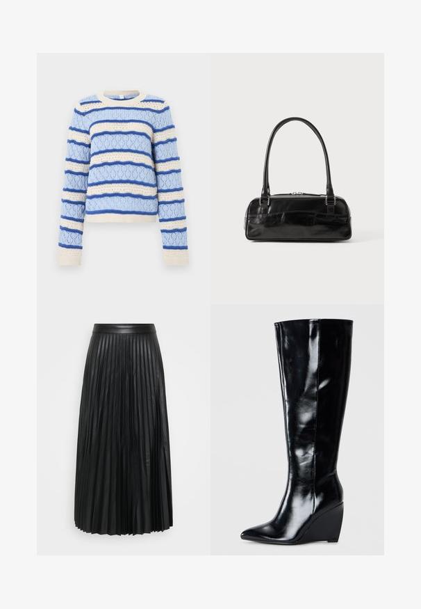Pull tricoté bleu clair et crème à rayures horizontales texturées et manches longues, avec un col rond et des poignets et ourlet côtelés.; Jupe plissée noire en simili cuir, avec des plis verticaux, une ceinture lisse et une longueur au sol.; Bottes à talons compensés noires en cuir montantes, avec un bout pointu et une finition lisse, présentant un design élégant et épuré.; Sac à main en cuir noir de forme rectangulaire, doté d'une seule ansse structurée, de quincaillerie argentée et d'une fermeture éclair. Texture lisse.