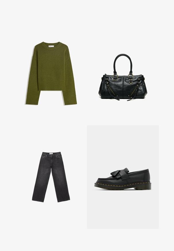 Pull en maille vert olive avec col rond, manches longues et ourlet côtelé. Présente un design court avec une finition douce et texturée.; Jean en denim noir à jambes larges avec une teinture foncée, design à cinq poches et une étiquette à la taille. Texture lisse avec un léger délavé.; Mocassins en cuir noir avec un bout rond, présentant un détail à franges et une bande décorative à l'avant, montés sur un talon épais.; Sac à main en cuir noir avec deux anses, deux poches zippées inclinées avec des pompons, et des anneaux et clous en métal doré.