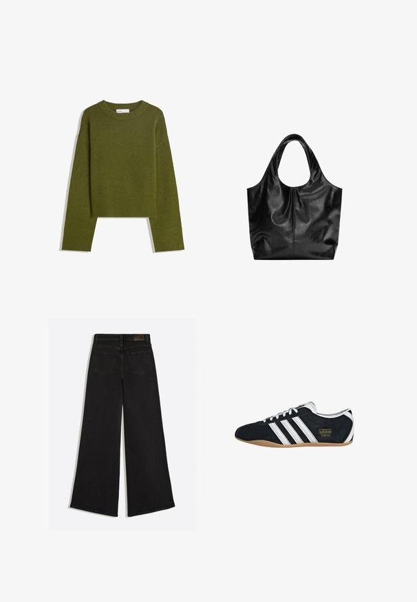 Pull en maille vert olive avec col rond, manches longues et ourlet côtelé. Présente un design court avec une finition douce et texturée.; Jean en denim noir à jambes larges vu de dos avec deux poches arrière et des passants de ceinture à la taille.; Sneakers en suede noir avec trois bandes blanches, logo doré et semelle en caoutchouc marron. Présente un design à lacets à profil bas.; Sac fourre-tout en cuir noir avec une texture lisse, un haut arrondi doux et de larges poignées. Présente une couture minimale et une silhouette décontractée.