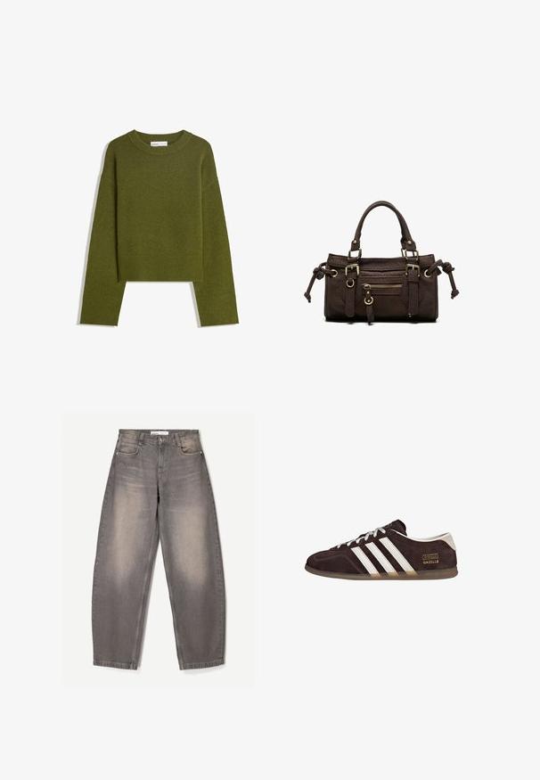 Pull en maille vert olive avec col rond, manches longues et ourlet côtelé. Présente un design court avec une finition douce et texturée.; Jeans gris ample en denim, avec un léger délavage, un design à cinq poches, des passants de ceinture et une fermeture à bouton à la taille.; Baskets en suède marron avec trois bandes blanches, semelle en caoutchouc, et étiquette avec le texte "Gazelle" en or. Fermeture à lacets avec lacets gris.; Sac à main en cuir marron foncé avec double poignée, poche avant zippée, boucles décoratives et nœuds latéraux sur fond blanc.