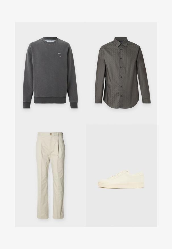 Sweat-shirt gris foncé à col rond avec poignets et ourlet côtelés, présentant un petit texte blanc "SAMSOE SAMSOE" sur la poitrine gauche.; Chemise à manches longues gris foncé avec un motif géométrique discret en relief sur toute la surface et un col classique, présentée sur un fond blanc.; Pantalon beige sur mesure en coton, avec plis, fermeture à bouton, jambes droites et texture lisse.; Baskets couleur crème avec une tige en cuir lisse, bout arrondi, laçage à l'avant et semelle en caoutchouc texturée. Design minimaliste, sans logo.