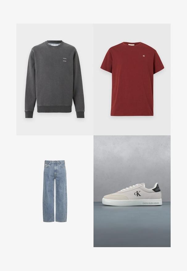 Sweat-shirt gris foncé à col rond avec poignets et ourlet côtelés, présentant un petit texte blanc "SAMSOE SAMSOE" sur la poitrine gauche.; T-shirt en coton bordeaux à manches courtes, col rond, avec un petit logo brodé sur la poitrine gauche. Texture lisse.; Jean bleu clair droit avec fermeture éclair et bouton à l'avant, passants de ceinture et design cinq poches.; Basket beige basse avec semelle blanche, talon noir, logo "cK" sur le côté et "Calvin Klein Jeans" embossé sur la semelle intermédiaire.
