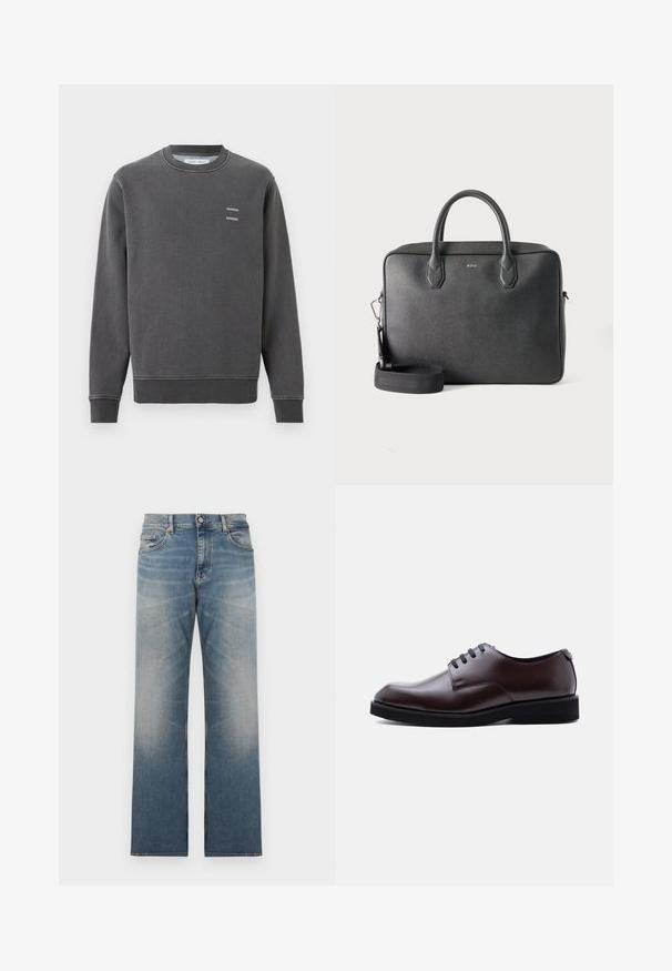 Sweat-shirt gris foncé à col rond avec poignets et ourlet côtelés, présentant un petit texte blanc "SAMSOE SAMSOE" sur la poitrine gauche.; Jean en denim bleu droit avec délavage, fermeture à bouton et zip, et style à cinq poches.; Chaussure habillée en cuir marron foncé poli avec des lacets noirs et une semelle noire, présentée en profil gauche sur fond blanc.; Serviette en cuir noire avec deux poignées supérieures, bandoulière détachable et petit logo BOSS centré à l'avant sur fond uni.