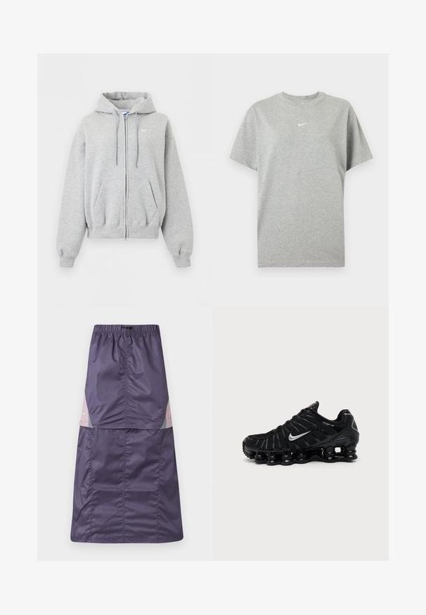 Light gray zip-up hoodie with front pockets, drawstring hood, ribbed cuffs and hem, and small white Nike logo on the chest.; Grey short-sleeve cotton t-shirt with crew neck and small white Nike swoosh logo centered on the chest.; Purple nylon skirt with an elastic waistband, featuring color-blocked panels in pink and green, and a small white logo on the upper section.; Black Nike athletic shoe with silver swoosh logo, mesh and synthetic upper, and distinctive segmented cushioned sole.