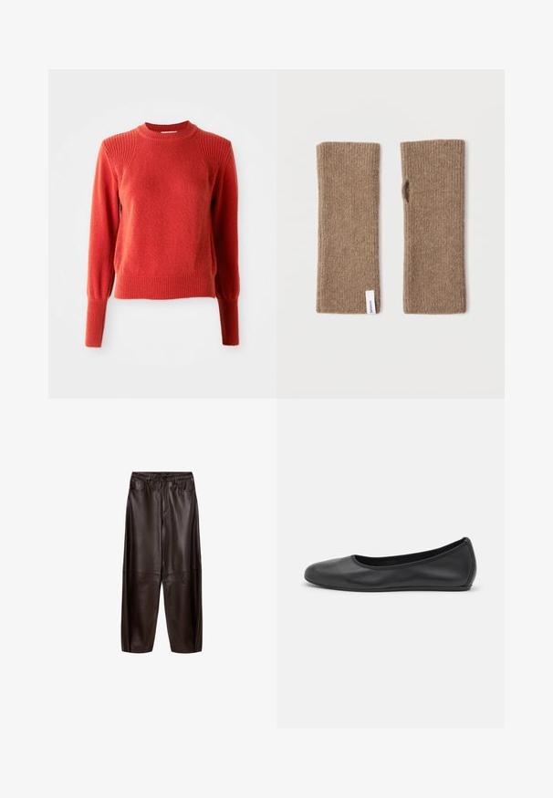 Pull en tricot rouge avec col rond à côtes, épaules, poignets et ourlet, présenté sur un fond blanc uni.; Pantalons en cuir marron avec une coupe décontractée, présentant une texture lisse et des poches avant. Le design inclut des coutures visibles et une taille classique.; Ballerines en cuir noir avec un bout rond, texture lisse, détails de couture minimalistes et design de semelle flexible.; Gants bruns tricotés sans doigts, texture côtelée, forme rectangulaire, ouverts au pouce, avec une petite étiquette blanche sur un côté.