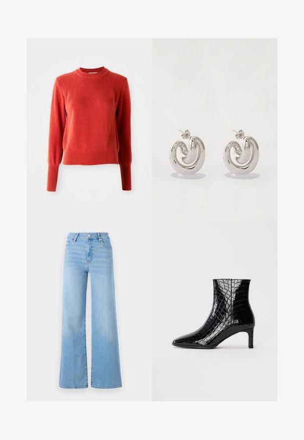 Pull en tricot rouge avec col rond à côtes, épaules, poignets et ourlet, présenté sur un fond blanc uni.; FRAME Wide Leg - blue; Bottine en cuir verni noir avec texture crocodile, bout pointu et talon slim de hauteur moyenne sur un fond blanc uni.; Boucles d'oreilles en métal argenté avec un design tourbillonnant, présentant des surfaces lisses et une finition polie, maintenues par un fermoir en papillon.