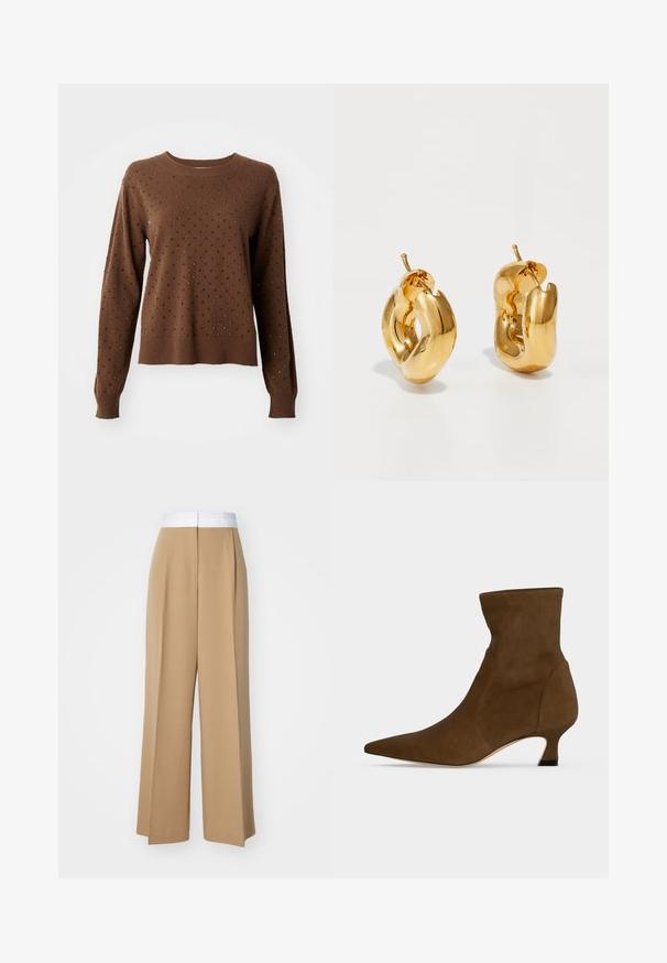 Pull en maille marron à manches longues orné de petits rivets noirs et argentés, répartis uniformément sur le devant et les manches.; Pantalons à jambes larges en tissu brun clair avec une taille blanche contrastante. Présente des lignes épurées et sans motifs ou embellissements visibles.; Bottine marron à la cheville avec un bout pointu et un petit talon bas, fabriquée en matériau lisse, présentée sur un fond uni.; Boucles d'oreilles créoles en or massif avec un design tubulaire légèrement tordu et des fermoirs à tige sur un fond blanc.