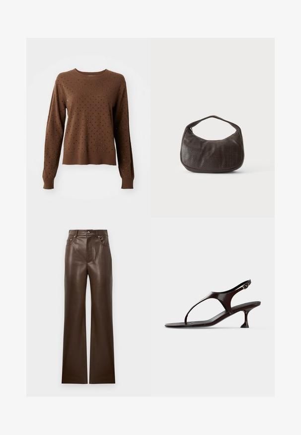 Pull en maille marron à manches longues orné de petits rivets noirs et argentés, répartis uniformément sur le devant et les manches.; Pantalons évasés en cuir marron avec une texture lisse, design à cinq poches, fermeture éclair devant et bouton métallique, avec une taille haute.; Sandale slingback en cuir verni marron foncé avec petit talon et bride entre les orteils sur fond blanc.; Petit sac à main marron foncé texturé avec une courte bandoulière et un fond arrondi sur un fond clair uni.