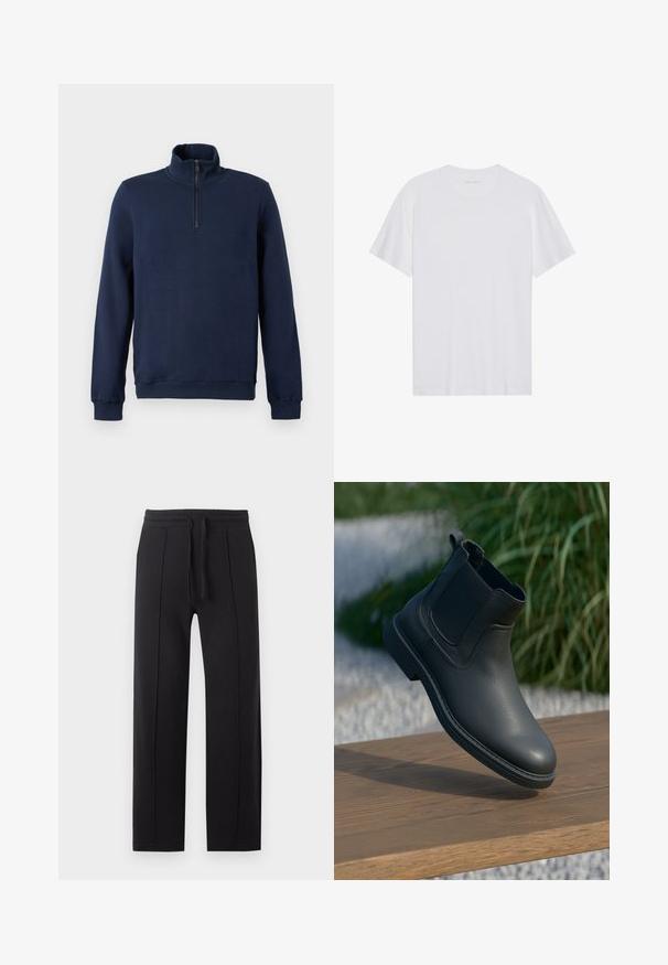 Pull-over à manches longues bleu marine avec un col montant et une fermeture éclair quart de devant.; T-shirt en coton blanc à manches courtes, col rond et texture lisse. Présente un branding minimal au niveau du col.; Pantalon de jogging noir à jambes droites avec ceinture élastique et cordon à l'avant sur un fond clair uni.; Bottine en cuir noir avec des panneaux latéraux élastiques, des accents texturés et une semelle en caoutchouc ; l'affichage comprend une surface en bois et de la verdure.