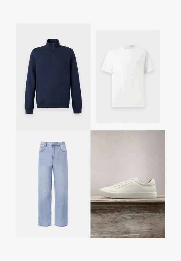 Pull-over à manches longues bleu marine avec un col montant et une fermeture éclair quart de devant.; T-shirt blanc uni à manches courtes et col rond présenté sur un fond gris clair.; Jean en denim bleu clair avec une coupe décontractée et des jambes larges. Les caractéristiques incluent cinq poches, une fermeture à bouton à l'avant et une décoloration subtile.; Sneaker en dentelle blanche flottant au-dessus d'un banc en bois avec un feuillage vert en arrière-plan, mettant en valeur le design et la texture de la chaussure.