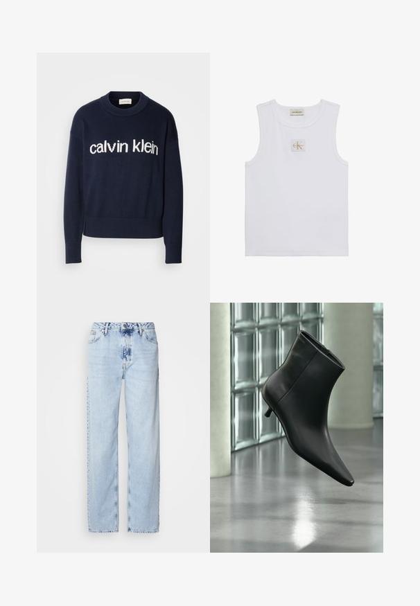 Námornícky pulóver s bielym logom "calvin klein" na hrudi, so žebrovanými manžetami a lemom, vyrobený z mäkkej pleteniny.; Biele tielko bez rukávov s nápisom Calvin Klein Jeans na hrudi a štítkom pri výstrihu na jednofarebnom bielom pozadí.; Svetlomodré široké džínsy vyrobené z denimu, s vysokým pásom, vyblednutým umývaním a jemným vzorom batikovania na prednej strane.; Čierna kožená členková čižma so špicatou špičkou a nízkym kitten podpätkom, zobrazená šikmo na pozadí leštenej podlahy a steny zo sklenených blokov.