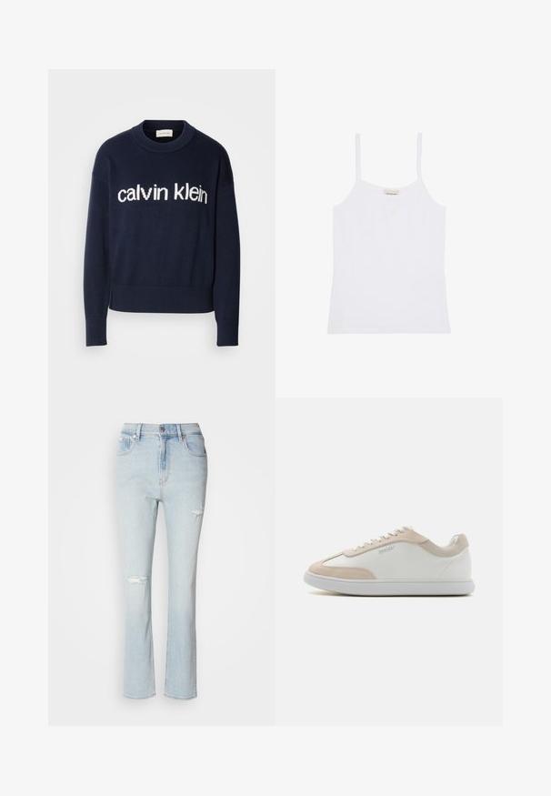 Námornícky pulóver s bielym logom "calvin klein" na hrudi, so žebrovanými manžetami a lemom, vyrobený z mäkkej pleteniny.; Biele dámske tielko Calvin Klein s tenkými ramienkami a jednoduchým, priliehavým dizajnom.; Svetlo modré nohavice s vysokým pásom a rovnými nohavicami. Otrhané detaily zahŕňajú dva veľké roztrhnutia vpredu a rozstrapkaný lem.; Biele kožené tenisky s béžovými semišovými akcentmi a bielymi šnúrkami. Majú okrúhlu špičku a mäkkú podrážku pre pohodlie.