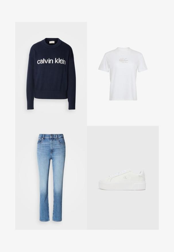 Marineblå pullovertrøje med et hvidt "calvin klein" logo tværs over brystet, ribbede ærmer og kant, fremstillet af et blødt strikmateriale.; Hvid bomuld T-shirt med korte ærmer, rund hals og et guldprintet Calvin Klein-logo på forsiden.; Blå denimjeans med høj talje, lige ben-design, falmede farvegradient og fem-lomme stil. Metalknap- og lynlås-lukning.; Hvide platform sneakers med en glat læderoverdel, rund tå, hvide snørebånd og diskret logo-detalje på siden. Flad gummisål.