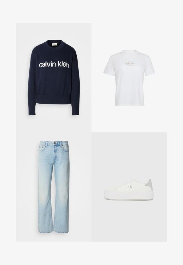 Námornícky pulóver s bielym logom "calvin klein" na hrudi, so žebrovanými manžetami a lemom, vyrobený z mäkkej pleteniny.; Biele tričko s krátkym rukávom, okrúhlym výstrihom a svetlo béžovým logom Calvin Klein v strede na hrudi.; Svetlomodré široké džínsy vyrobené z denimu, s klasickým päť-pocket dizajnom a jemnou vyblednutou textúrou. Švy z denimu sú viditeľné.; Biele plátené tenisky s hrubou bielou podrážkou, so strieborným kovovým akcentom na päte a jemným logom na boku.