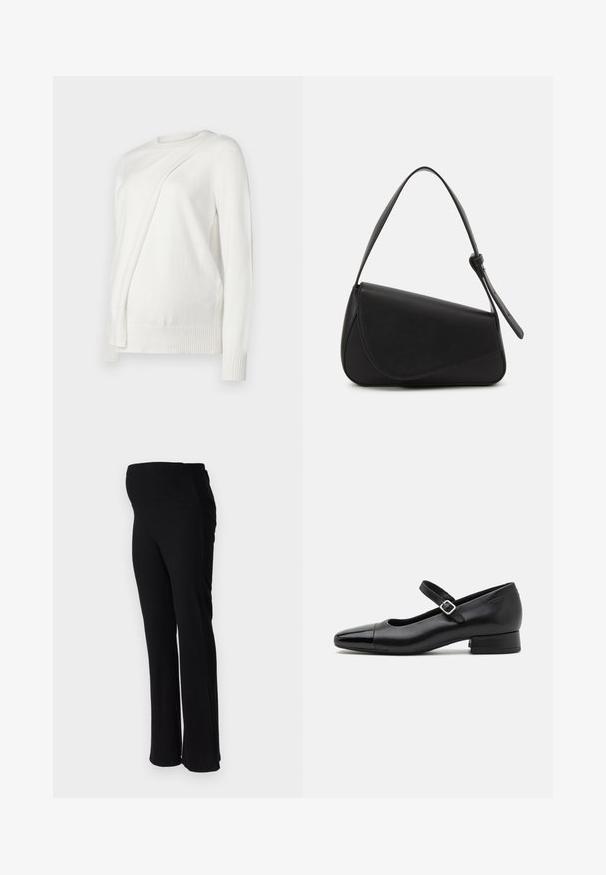 Pull blanc à manches longues avec un col rond, présentant un design plié en diagonale à l'avant et des bords côtelés aux poignets et à l'ourlet. Matériau doux.; ONLY MATERNITY OLMHALLE - Pantalon classique - black; Chaussures Mary Jane en cuir noir avec un embout en vernis, une sangle cheville réglable et un petit talon carré. Texture lisse et design élégant.; Sac à main en cuir noir de forme triangulaire, avec un rabat incliné et une poignée supérieure arrondie. Il présente une texture lisse et des détails de design minimalistes.