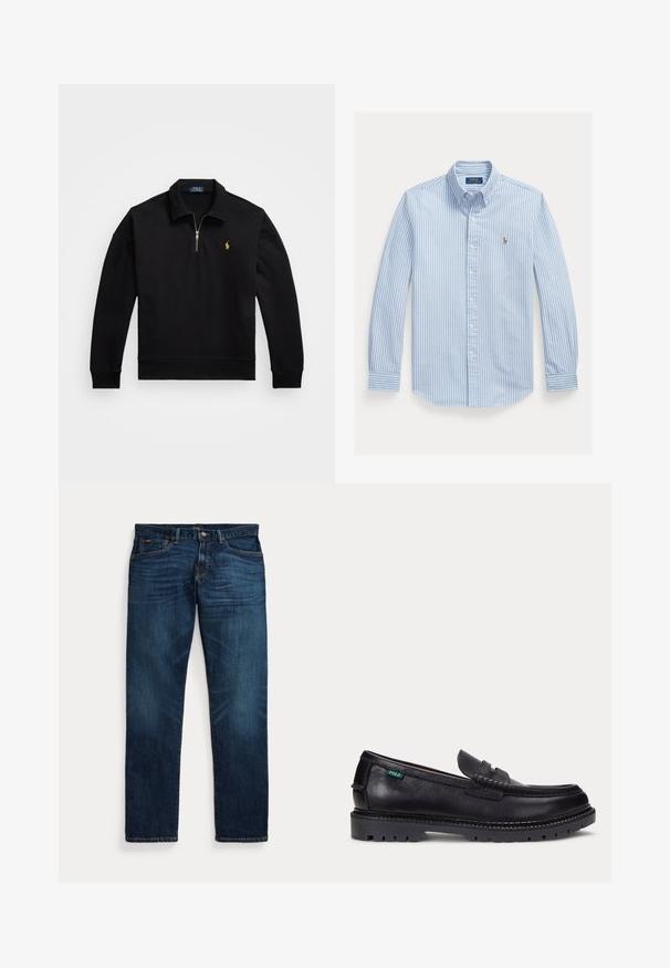 Sort pullover sweatshirt med en kvart lynlås, ribbede manchetter og kant, der har et lille broderet guld logo på venstre bryst.; Lyseblå langærmet skjorte med hvide lodrette striber og et lille broderet logo på venstre bryst.; Mørkeblå denimjeans med let falmning på lår og lommer, knap- og lynlåslukning samt design med fem lommer, lagt fladt på hvid baggrund.; Sort læderloafer med tyk, mønstret sål og lille grøn "Polo"-mærke på ydersiden nær hælen.