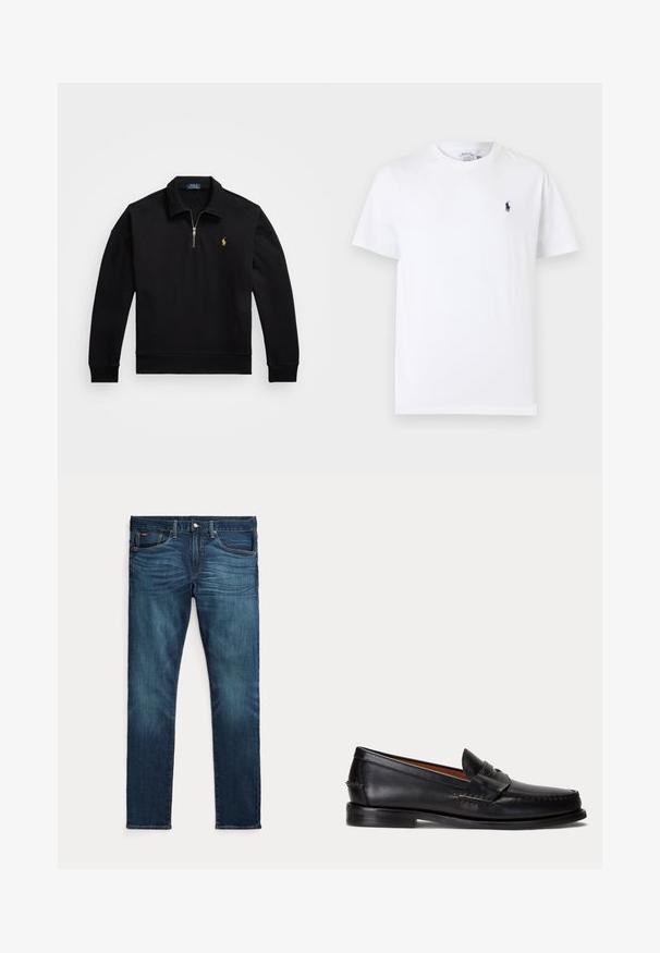 Black pullover sweatshirt with a quarter zipper, ribbed cuffs and hem, featuring a small embroidered gold logo on the left chest.; White short-sleeve crew neck T-shirt with small dark blue polo player logo on the left chest.; Dark blue slim-fit jeans with front button and zipper, five pockets, and subtle fading on front thighs and knees.; Black leather loafer with a low heel and penny strap detail, shown from the side on a light gray background.