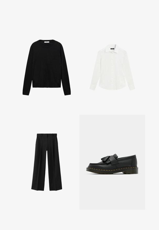 Sort langærmet sweater lavet af blødt materiale med rund hals og ribbede manchetter, med et enkelt og lige snit design.; Hvid langærmet skjorte med krave og manchetter, vist fladt på en hvid baggrund.; Sorte bukser med vide ben, bæltestropper og forlommer, vist fladt mod en hvid baggrund.; Sorte læder loafers med rund tå, der har frynse detaljer og et dekorativt bånd på tværs af fronten, sat på en kraftig hæl.