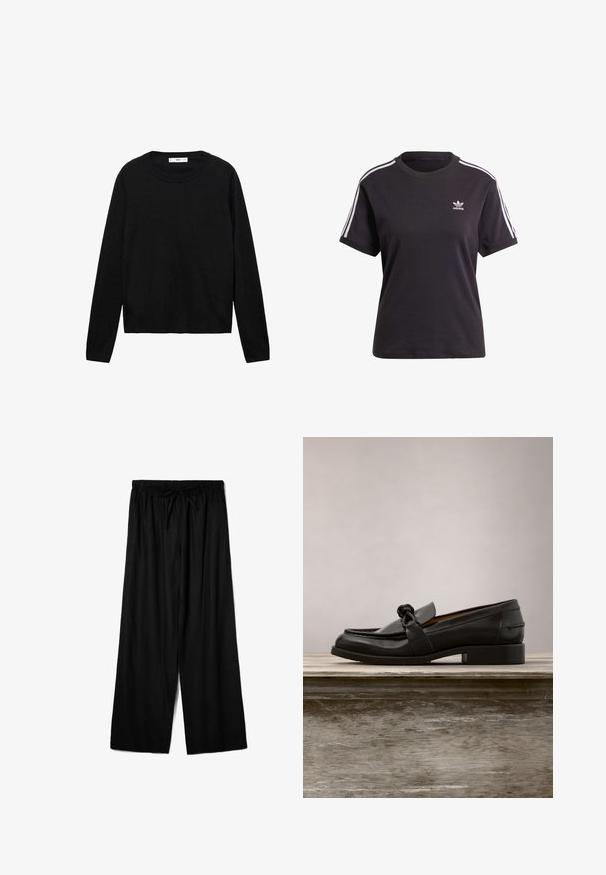 Sort langærmet sweater lavet af blødt materiale med rund hals og ribbede manchetter, med et enkelt og lige snit design.; Sort bomulds t-shirt med korte ærmer og rund hals, der har hvide striber på skuldrene og et lille hvidt Adidas-logo på brystet.; Sorte bredde-bukser lavet af letvægtsstof, med en elastisk talje og snøre for justerbar pasform. Glat tekstur.; Skinnende sort læderloafer med en knudebåndsdetalje, balancerende på kanten af en træbænk, mod en baggrund af højt grønt græs.