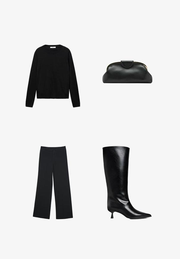 Pull noir à manches longues en matière douce avec un col rond et des poignets côtelés, présentant un design simple et droit.; Pantalons larges en tissu noir, avec des poches avant et une fermeture à bouton. Texture lisse, coupe ajustée et design à longueur complète.; Boot en cuir noir, montant jusqu'au genou, avec un bout pointu, une silhouette élancée et un talon carré bas, le tout avec une finition brillante.; Pochette en cuir noire avec armature métallique dorée et fermeture pression sur fond blanc.