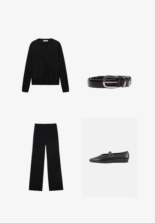 Sort langærmet sweater lavet af blødt materiale med rund hals og ribbede manchetter, med et enkelt og lige snit design.; Sorte vidde bukser lavet af glat stof, med en frontknaplukning og to plissee for ekstra detaljer. Skræddersyet design i det hele taget.; Sorte læder flade sko med spidse tæer, prydet med en metallisk spænde over vristen og en lav, fleksibel sål.; Sort læderbælte snoet med en skinnende sølvfarvet rektangulær spænde og to bæltestropper på hvid baggrund.
