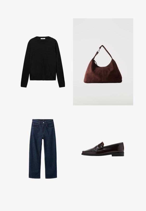 Pull noir à manches longues en matière douce avec un col rond et des poignets côtelés, présentant un design simple et droit.; Jeans en denim bleu foncé avec une coupe droite, affichant un style classique à cinq poches, des coutures visibles et une fermeture à bouton à la taille.; Mocassin en cuir marron avec un avant de style mocassin, couture surélevée le long de l'empeigne et une semelle en caoutchouc noir basse. Fini lisse et poli.; Sac bandoulière en daim marron doux avec une seule lanière et des accessoires métalliques argentés sur un fond clair uni.