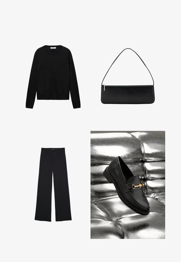 Pull noir à manches longues en matière douce avec un col rond et des poignets côtelés, présentant un design simple et droit.; Pantalon noir à jambes larges avec passants de ceinture, bouton frontal et fermeture éclair, étalé à plat sur un fond blanc.; Mocassin en cuir noir avec un détail en métal doré. La chaussure présente un design épuré et une texture lisse et brillante.; Sac d'épaule rectangulaire noir avec une bandoulière unique et une fermeture éclair argentée le long du bord supérieur, sur fond blanc.