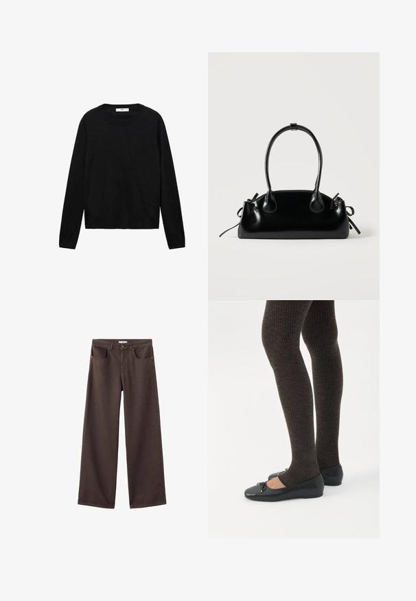 Pull noir à manches longues en matière douce avec un col rond et des poignets côtelés, présentant un design simple et droit.; Pantalons en denim à jambe large de couleur marron foncé, avec poches avant, taille standard et design classique à cinq poches. Texture douce et robuste.; Jambes portant des leggings côtelés foncés associés à des ballerines noires avec de petits détails en nœud sur fond blanc.; Petit sac à main noir brillant avec deux longues anses et des détails à cordon sur les côtés sur un fond clair uni.
