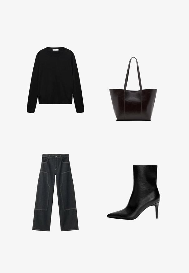 Pull noir à manches longues en matière douce avec un col rond et des poignets côtelés, présentant un design simple et droit.; Pantalons en denim bleu marine à jambes larges avec de grandes poches avant et des coutures beige contrastantes. Présente une fermeture à bouton et des passants de ceinture.; Bottine noire en cuir avec une silhouette élégante, un bout pointu et un talon haut en stilettos. Texture lisse, design minimaliste sans quincaillerie visible.; Sac fourre-tout en cuir noir avec texture lisse, corps large et deux longues poignées. Présente des coutures verticales pour un détail de design supplémentaire.