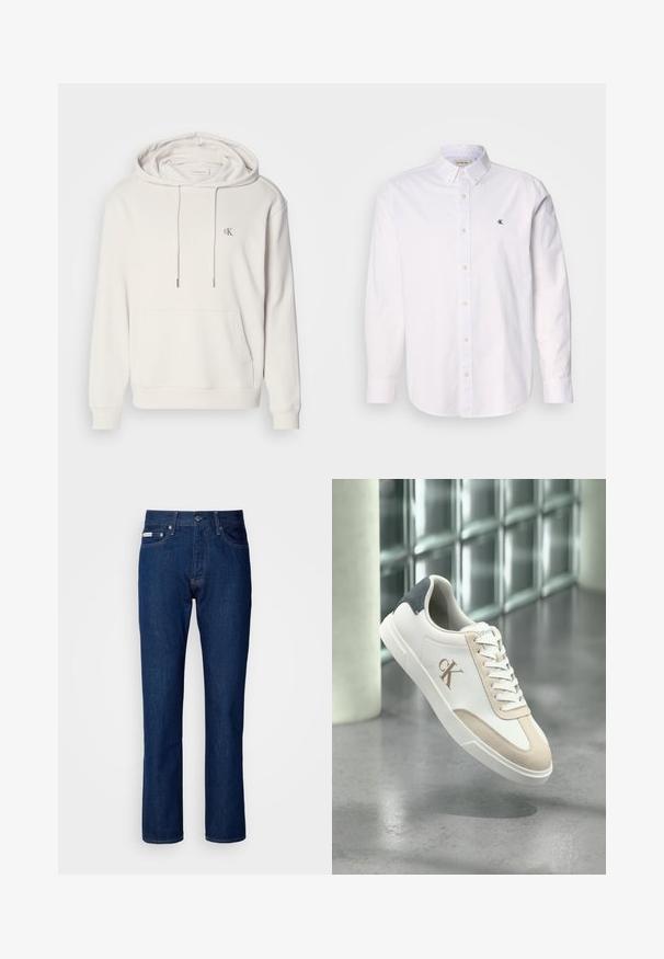 Sudadera con capucha de color beige claro, con un bolsillo tipo canguro, capucha ajustable con cordón, puños acanalados y un pequeño logotipo bordado en el pecho.; Camisa blanca de algodón, con cuello clásico, mangas largas y un pequeño logo de CK en el lado izquierdo del pecho. Textura suave.; Jeans de denim azul oscuro con un diseño de pierna recta, que cuentan con una cremallera y cierre de botón, cinco bolsillos y detalles de costura sutiles.; Zapatilla blanca con detalles en ante beige, parche negro en el talón, cordones y logo "cK" en el lateral, flotando sobre un suelo gris pulido.