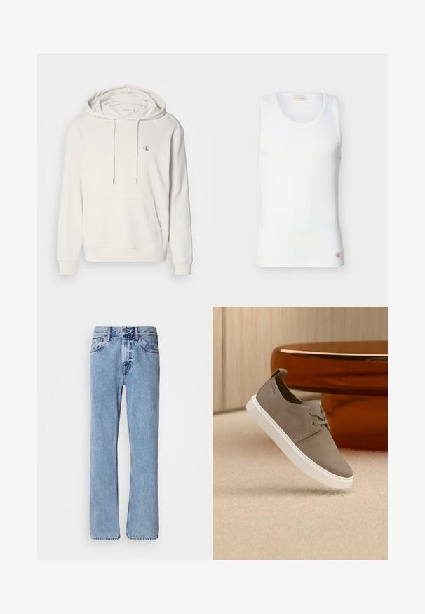 Sudadera con capucha de color beige claro, con un bolsillo tipo canguro, capucha ajustable con cordón, puños acanalados y un pequeño logotipo bordado en el pecho.; Camiseta sin mangas blanca acanalada con escote redondo y pequeña etiqueta con el logo de Calvin Klein cerca del dobladillo sobre un fondo liso.; Jeans de mezclilla azul claro con un diseño de pierna recta, cinco bolsillos y cierre de botón. Detalles de costura cerca de los bolsillos y la cintura.; Zapatilla deportiva de ante topo con cordones y suela blanca, flotando sobre una alfombra beige, junto a un mueble redondeado marrón brillante.