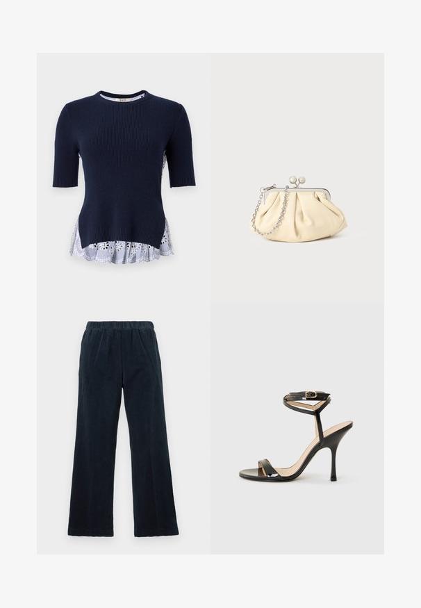 Jersey de marina con textura acanalada, de manga corta y un dobladillo de volantes en blanco y azul a rayas, que presenta recortes florales. Textura suave, diseño casual.; Pantalones de pana azul marino de pierna ancha, con cinturilla elástica y textura de costillas verticales. Cuentan con bolsillos laterales y un dobladillo recto.; Sandalia de tacón alto de charol negro con tira delgada en el tobillo y hebilla, punta abierta y tacón aguja esbelto sobre fondo blanco.; Clutch de cuero beige plisado con un marco de metal plateado, que cuenta con dos broches decorativos redondos y una correa de cadena plateada.