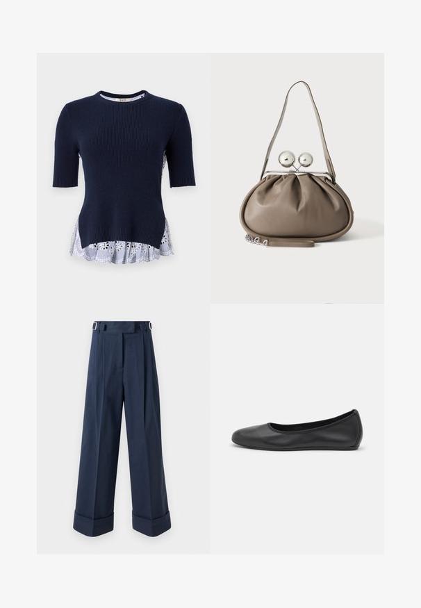 Jersey de marina con textura acanalada, de manga corta y un dobladillo de volantes en blanco y azul a rayas, que presenta recortes florales. Textura suave, diseño casual.; Pantalones de pierna ancha azul marino, confeccionados con una tela suave, que presentan una cintura alta con detalles en metal plateado y dobladillos rematados.; Bailarina de piel negra con punta redondeada, textura suave, detalle de costura minimalista y diseño de suela flexible.; Bolso de mano de cuero gris con forma redondeada, cierre superior con dos grandes esferas plateadas y una sola asa de correa.