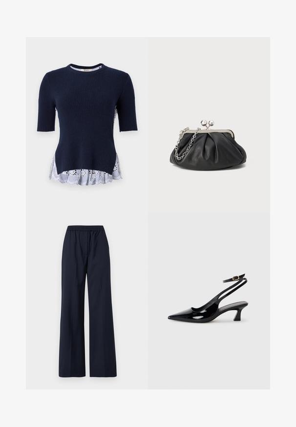 Jersey de marina con textura acanalada, de manga corta y un dobladillo de volantes en blanco y azul a rayas, que presenta recortes florales. Textura suave, diseño casual.; Pantalones de pierna ancha color azul marino con una cintura elástica y un frente liso, mostrados sobre un fondo blanco.; Zapatos de tacón de charol negro con punta afilada, tacón bajo tipo bloque y correa ajustable en el tobillo con un hebilla dorada.; Clutch de cuero negro con textura arrugada, marco de metal en tono plateado, cierre de beso y cadena para colgar. Superficie suave y lisa.